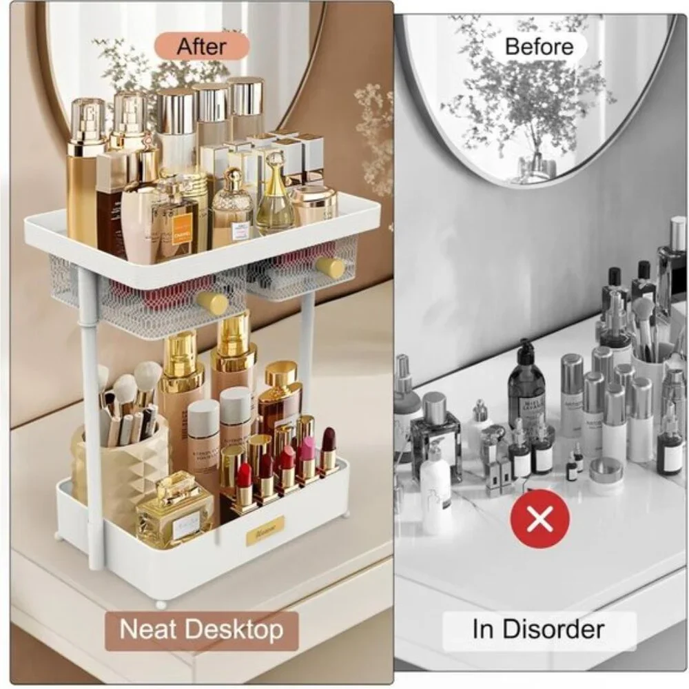 New 2-Tier Makeup Organizer Countertop, Rotating Drawers for Vanity & Skincare